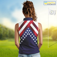 Load image into Gallery viewer, Red, White and Blue American Flag sleeveless golf polo shirts Custom Patriotic ladies golf outfit NQS10227