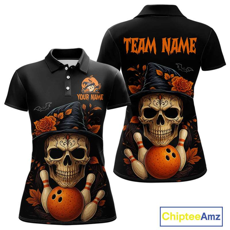 Black and Orange Skull Bowling Polo, Quarter Zip Shirt For Women Custom Halloween Bowling Team Jersey NQS10818