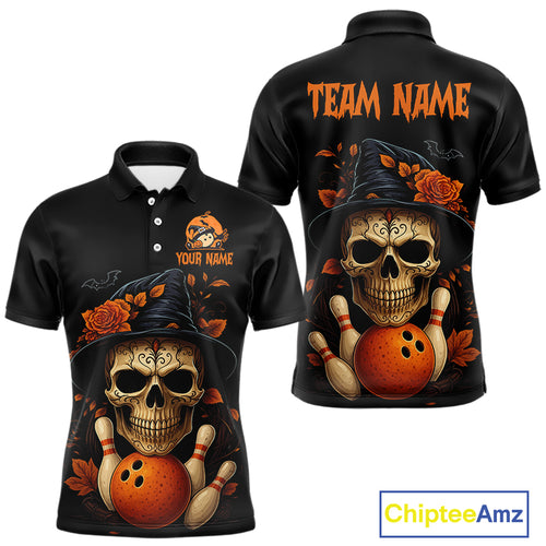 Black and Orange Skull Bowling Polo, Quarter Zip Shirts For Men Custom Halloween Bowling Team Jerseys NQS10818