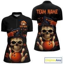 Load image into Gallery viewer, Black and Orange Skull Bowling Polo, Quarter Zip Shirt For Women Custom Halloween Bowling Team Jersey NQS10818