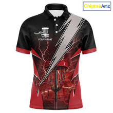 Load image into Gallery viewer, Black and Red Lightning Thunder Mens Disc golf polo shirts Custom team disc golf jerseys NQS10819