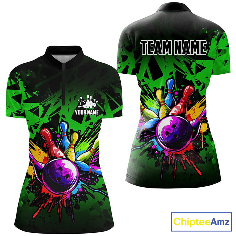 Colorful bowling jersey Polo, 1/4 Zip Shirt for Women Custom Bowling Team shirts for bowler| Green NQS8881