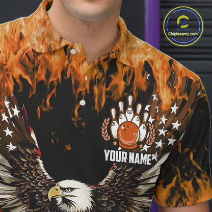 Orange flame Mens bowling shirts Custom American flag Eagle Team bowling shirts, gift for bowlers NQS11189