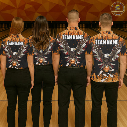 Orange flame Mens bowling shirts Custom American flag Eagle Team bowling shirts, gift for bowlers NQS11189