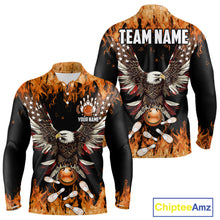 Load image into Gallery viewer, Orange flame Mens bowling shirts Custom American flag Eagle Team bowling shirts, gift for bowlers NQS11189