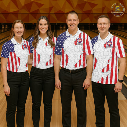 Personalized Red, White and Blue American Flag Bowling Team Shirts For Women, Patriotic Bowling Gifts NQS11197