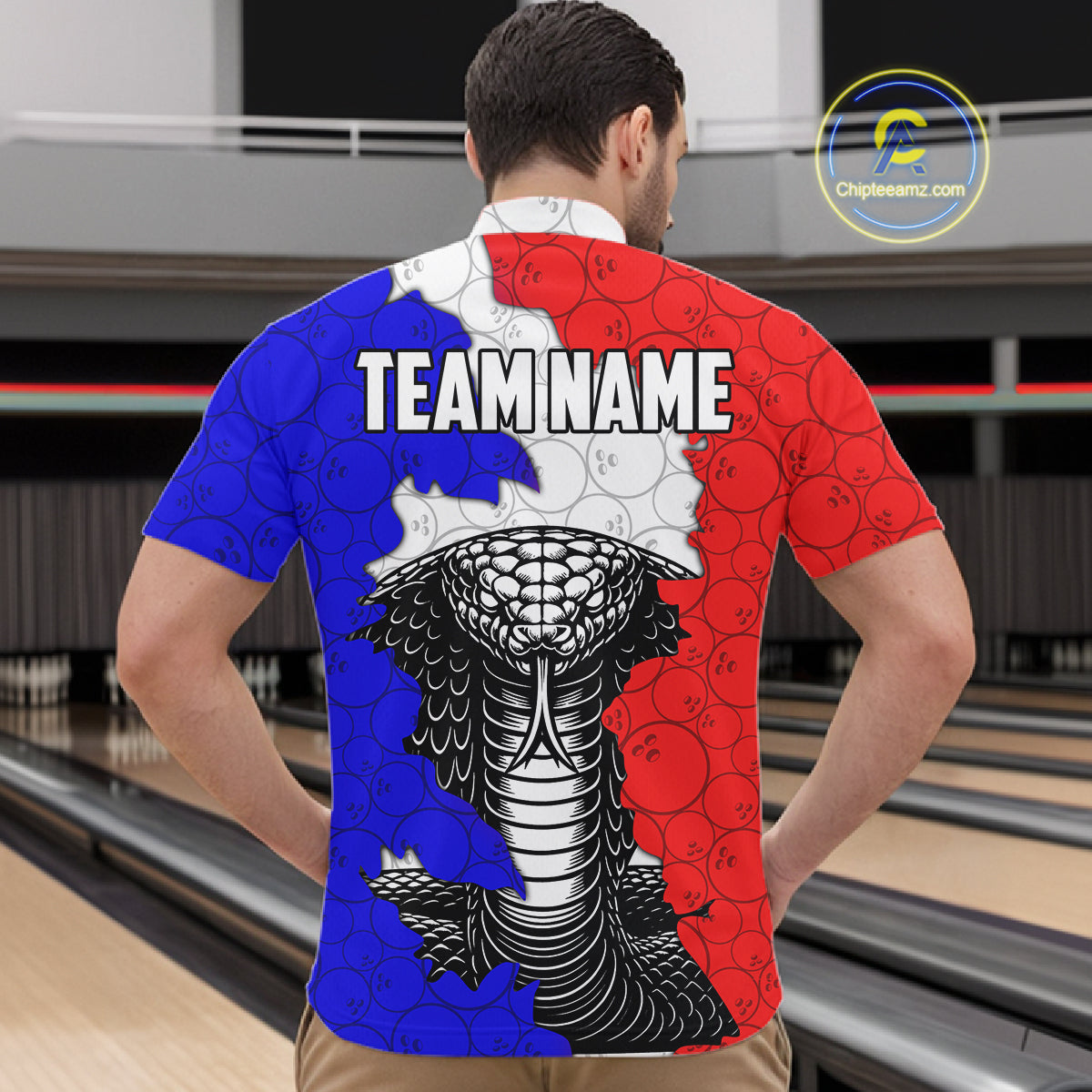 Personalized Red, White and Blue Cobra Snake Bowling Team Shirts For Men, Patriotic Bowling Jerseys NQS11198