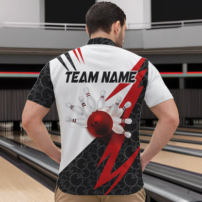 Black and White Bowling Polo, Quarter Zip Shirt for Men Custom Lightning Team bowling jerseys | Red NQS9324