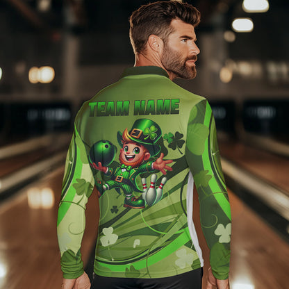 Green shamrock Lucky Men Bowling Polo, Quarter Zip Shirts Custom St Patrick Day Team bowling Shirts NQS9328