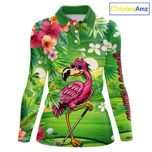 Personalized Green tropical flower flamingo golf polo shirt for Women custom team golf shirts NQS11399