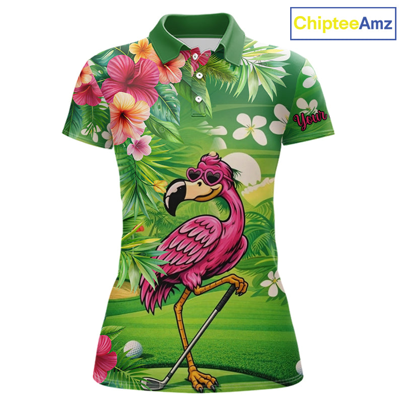 Personalized Green tropical flower flamingo matching men and womens golf shirts, team golf clothes NQS11399