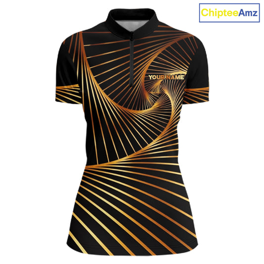 Custom Black and Gold Bowling Polo, Quarter Zip Shirts for Women, Team Bowling League Jerseys NQS11599