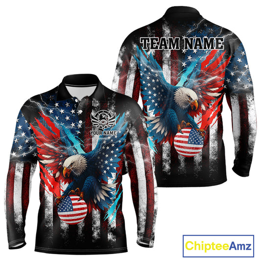 Personalized American Flag Eagle Lightning Thunder Golf Polo Shirts For Men, Patriotic Golfing Gifts NQS11717