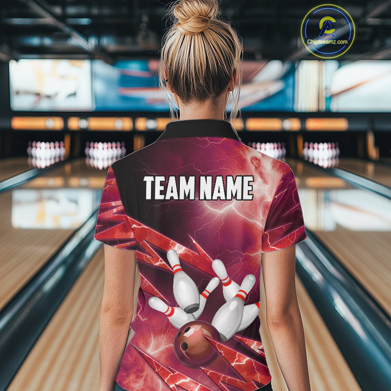 Red Storm Lightning Thunder Bowling Polo, Quarter Zip Shirt For Women Custom Bowling Team Jersey NQS11718