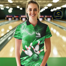 Load image into Gallery viewer, Green Storm Lightning Thunder Bowling Polo, Quarter Zip Shirt For Women Custom Bowling Team Jersey NQS11719