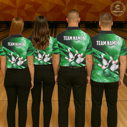 Green Storm Lightning Thunder Bowling Polo, Quarter Zip Shirt For Women Custom Bowling Team Jersey NQS11719