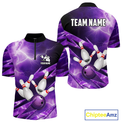 Purple Storm Lightning Thunder Bowling Polo, Quarter Zip Shirt For Men Custom Bowling Team Jersey NQS11720