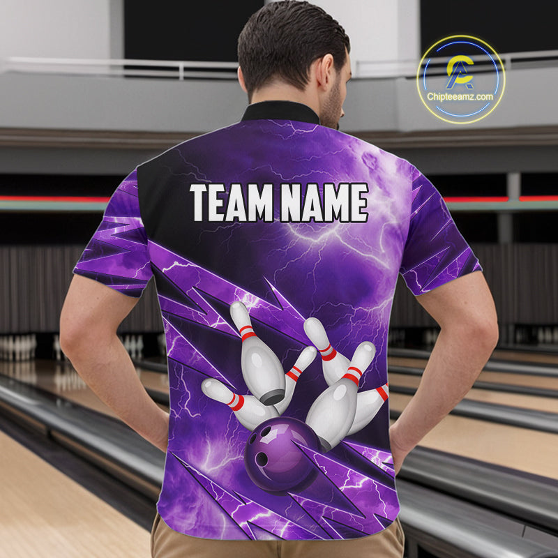 Purple Storm Lightning Thunder Bowling Polo, Quarter Zip Shirt For Men Custom Bowling Team Jersey NQS11720