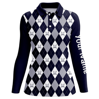 Navy blue argyle plaid pattern Womens golf polos shirts custom golf shirts for women, ladies golf polo NQS7423