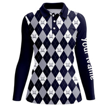 Load image into Gallery viewer, Navy blue argyle plaid pattern Womens golf polos shirts custom golf shirts for women, ladies golf polo NQS7423