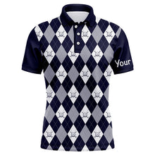 Load image into Gallery viewer, Navy blue argyle plaid pattern Mens golf polo shirts custom golf attire for men, men&#39;s golf apparel NQS7423