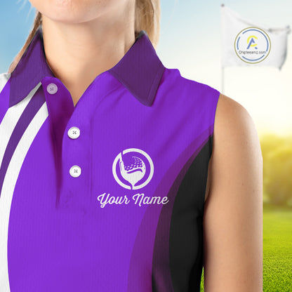 Women sleeveless polo shirt custom name purple and white golf shirt, team golf shirts ladies NQS9845