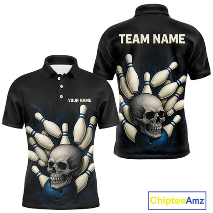Black and Blue Skull Bowling Ball and Pins Bowling Shirts For Men Custom skull team bowling jerseys NQS9850