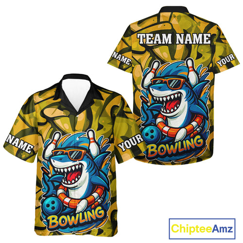 Funny Yellow Camo Shark Hawaiian bowling shirt Custom Team Bowling Outfit Bowling Button Up Shirt NQS10077