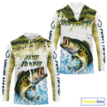 Load image into Gallery viewer, Largemouth bass fishing green scales UV protection custom hooded sun shirt, Bass fishing jerseys NQS10229