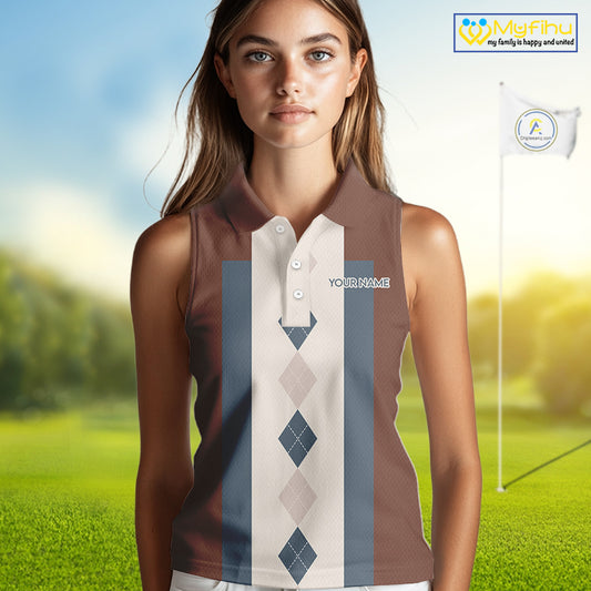 Brown Argyle Pattern Women Sleeveless Polo Shirt Custom Vintage Style For Golf Lovers Gift For Ladies NQS10233