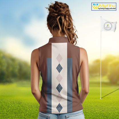 Brown Argyle Pattern Women Sleeveless Polo Shirt Custom Vintage Style For Golf Lovers Gift For Ladies NQS10233