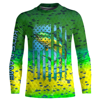 Mahi mahi ( Dorado) fishing American flag green mahi mahi scales Customized Long Sleeve Fishing Shirts NQS2182