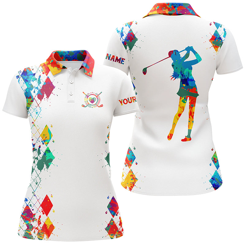 Womens golf polo shirt watercolor custom name white golf shirt, golfing gifts NQS3707