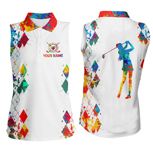 Women's sleeveless golf polo shirt watercolor white golf shirt, golfing gifts NQS3707