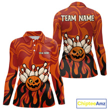 Load image into Gallery viewer, Orange camo flame Bowling polo, quarter zip shirts for Women custom Halloween Bowling team jerseys NQS10395