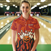Load image into Gallery viewer, Orange camo flame Bowling polo, quarter zip shirts for Women custom Halloween Bowling team jerseys NQS10395