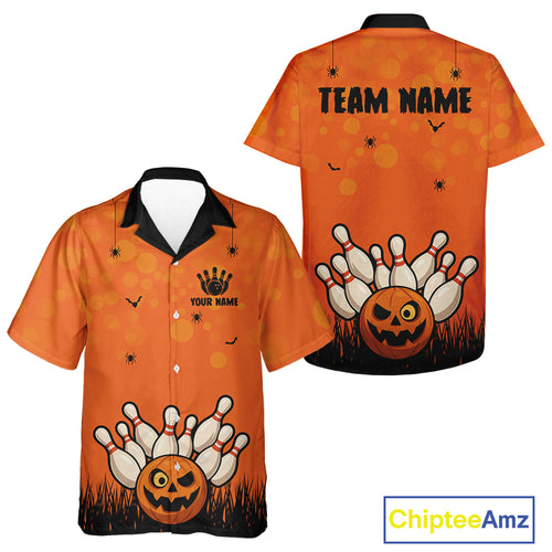 Custom Funny orange Bowling Team Shirt Halloween Hawaiian Shirt Bowling Button up shirt NQS10396