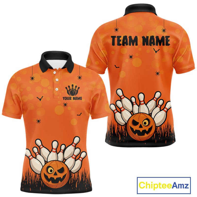 Custom Funny orange Bowling Team Shirt Halloween Polo & Quarter-Zip Bowling Jersey for Men NQS10396