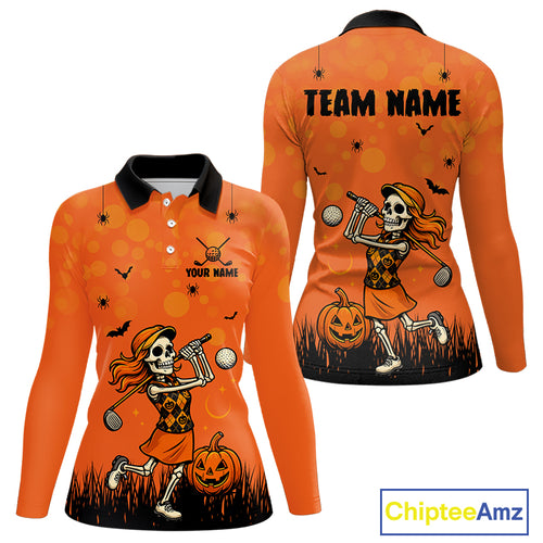 Custom Funny orange Golf skull Halloween Women golf polo shirt, Personalized Halloween golf outfit NQS10397