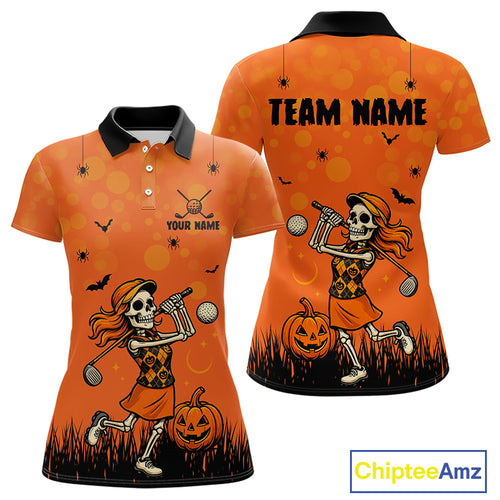 Custom Funny orange Golf skull Halloween Women golf polo shirt, Personalized Halloween golf outfit NQS10397