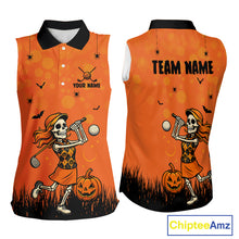 Load image into Gallery viewer, Custom Funny orange Golf skull Halloween Women Sleeveless Polos , Personalized Halloween golf outfit NQS10397