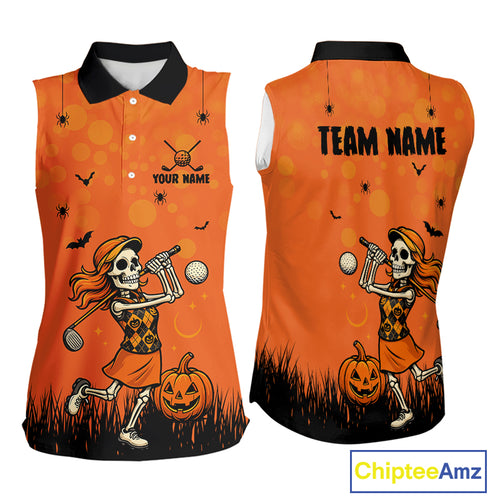 Custom Funny orange Golf skull Halloween Women Sleeveless Polos , Personalized Halloween golf outfit NQS10397