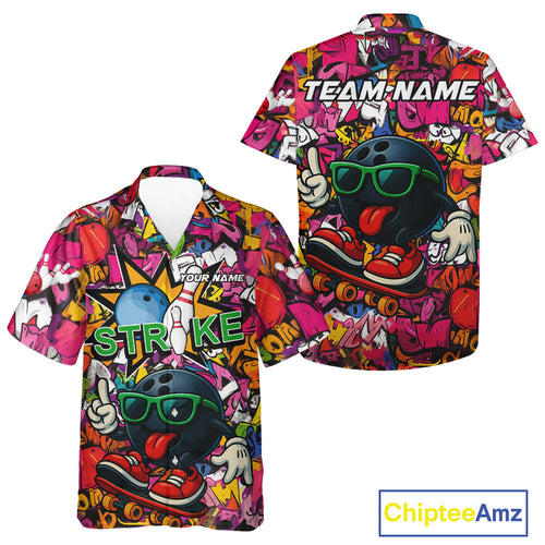 Funny pink graffiti pattern Bowling Team Hawaiian shirt Custom Bowling Button up shirt NQS10824
