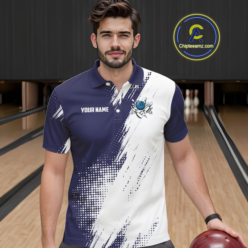 Custom Blue and White Strike Bowling Shirts Men Polo, Quarter Zip Bowling Team Jerseys Bowling League NQS10826