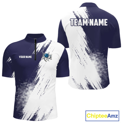 Custom Blue and White Strike Bowling Shirts Men Polo, Quarter Zip Bowling Team Jerseys Bowling League NQS10826