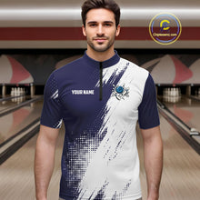 Load image into Gallery viewer, Custom Blue and White Strike Bowling Shirts Men Polo, Quarter Zip Bowling Team Jerseys Bowling League NQS10826