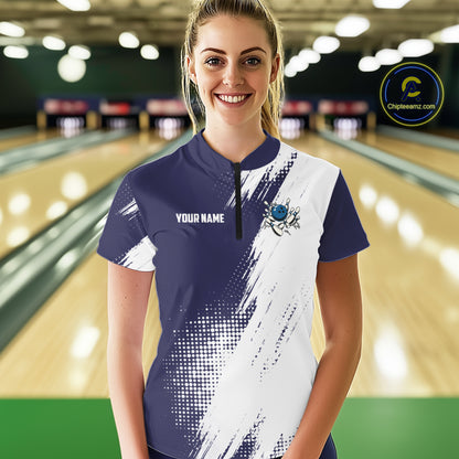 Custom Blue and White Strike Bowling Shirts Women Polo, 1/4 Zip Bowling Team Jerseys Bowling League NQS10826