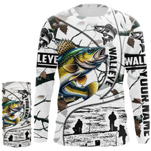 Load image into Gallery viewer, Ice fishing walleye winter camo ice fishing clothing Custom name  fishing shirt, gift for fisherman NQS2590
