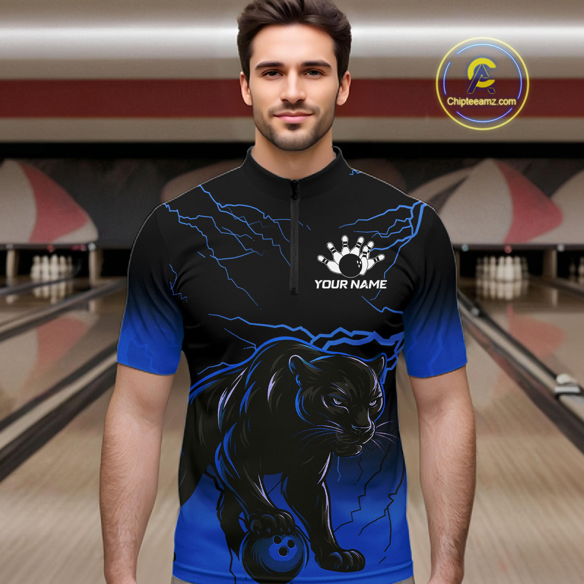 Black and Blue Lightning Thunder Panther Bowling Team Shirts For Men Custom Panther Bowling Jerseys NQS11205