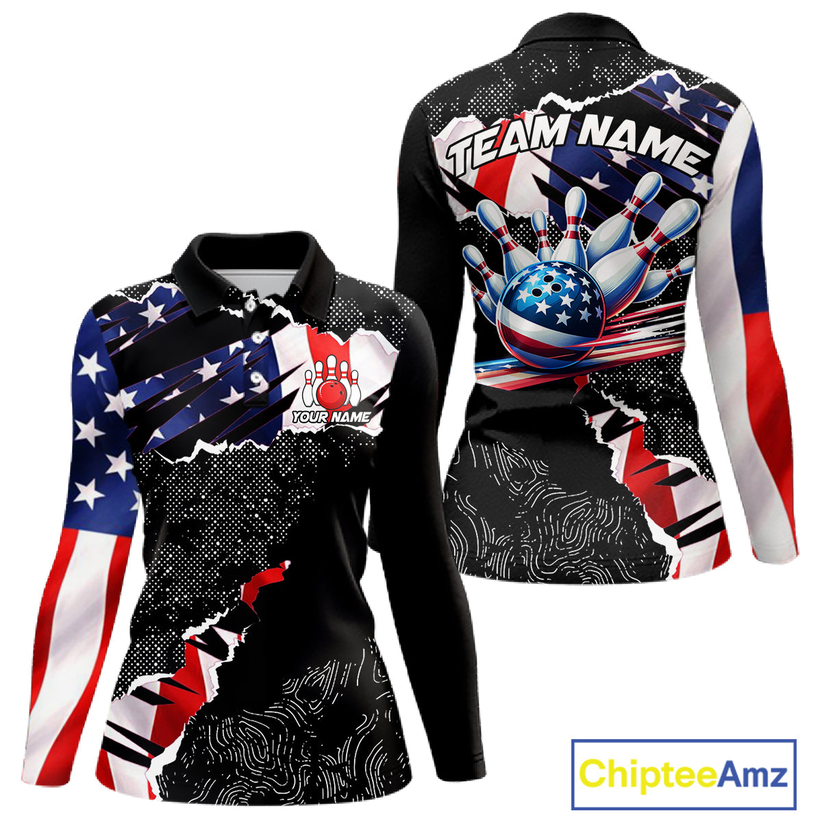 Custom bowling polo shirts, 1/4 zip shirts for Women, US Flag patriotic team bowling league shirts NQS11409